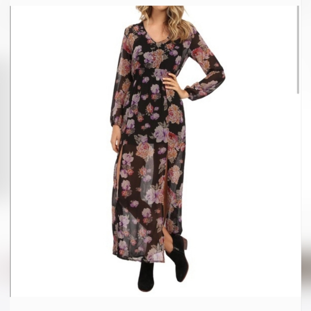 MinkPink Women's Floral Maxi Sheer Dress Black Long Sleeve Split Hem Size M - Picture 1 of 10